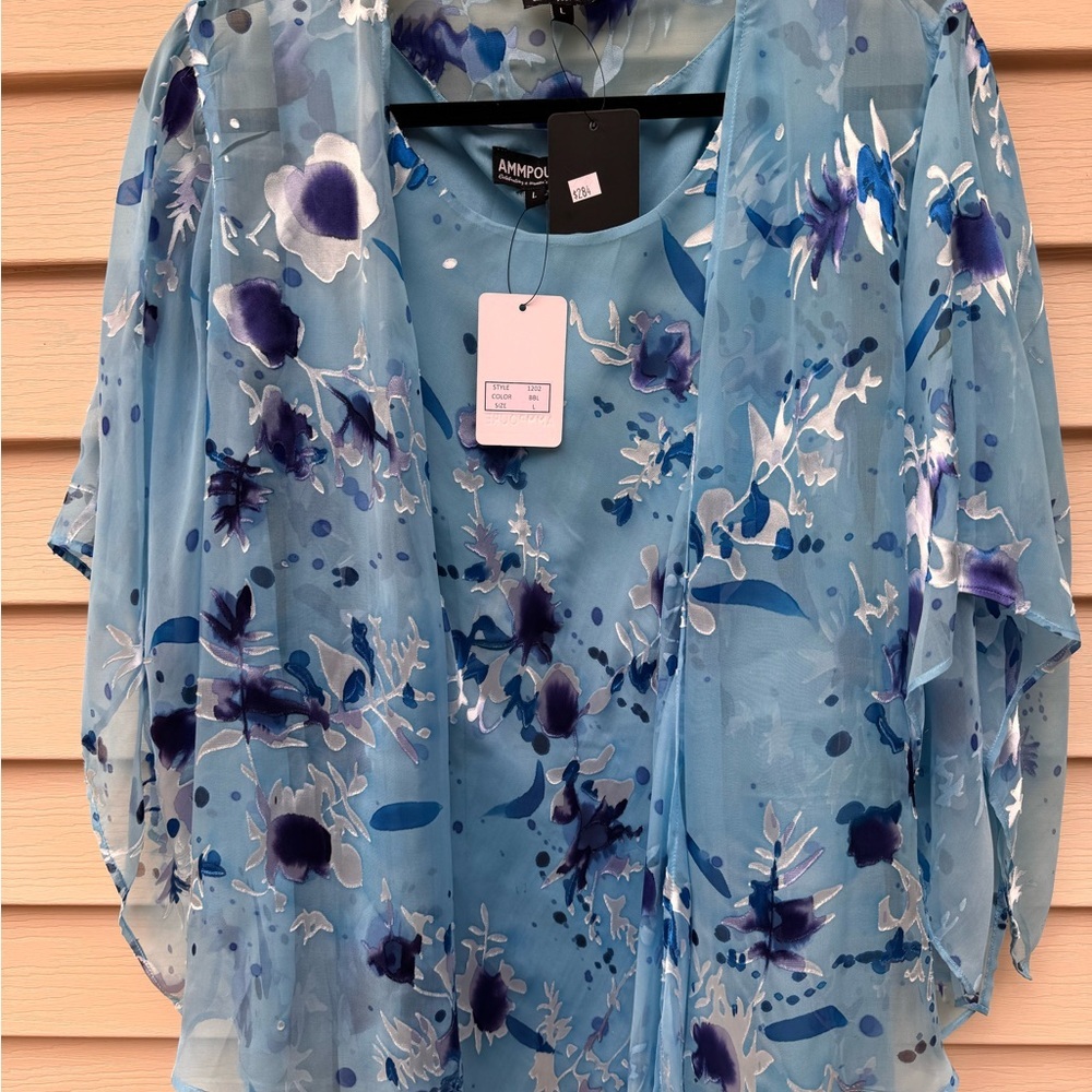 2Piece Set Blue Silk Floral Dress Sheer Overlay Sz Large NWT layered hem - Picture 3 of 16